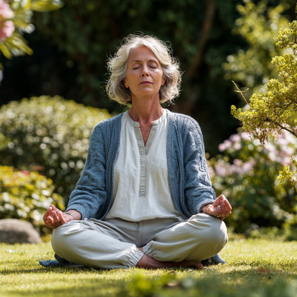 Mature European woman demonstrating yoga flexibility pose outdoors with confident smile